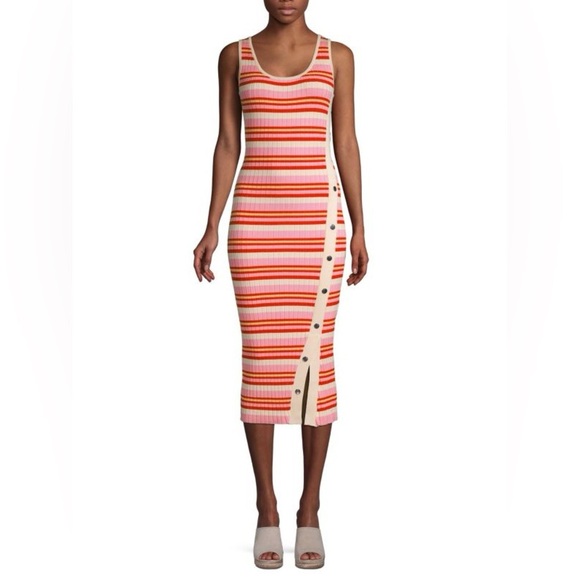 525 America Pink Striped Snap Button Front Tank Sweater Dress Size L Retro Comfy - Picture 1 of 11